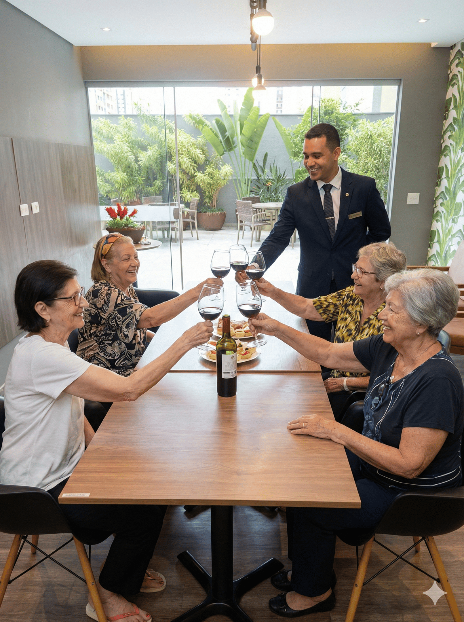 Idosos brindando e socializando no Clara Sênior